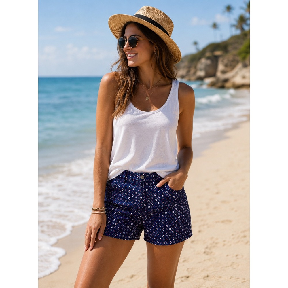 Talbots Womens Navy Blue Pink Floral Polka Dot Chino Shorts Sz 6 6.5 Inch Inseam